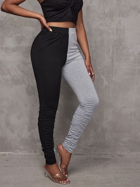 

sxy two tone high waist stacked leggings t8rj#, Black