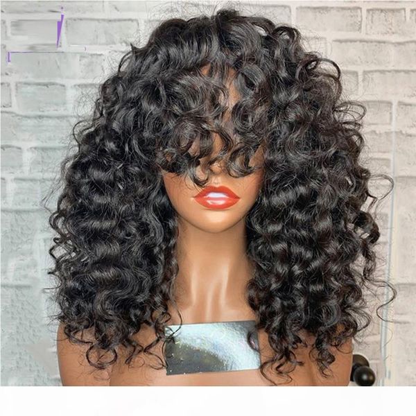 

afro curly 5*5 silk lace front wig with bangs pre plucked hairline malaysian human hair short kinky curly lace wig for women, Black;brown