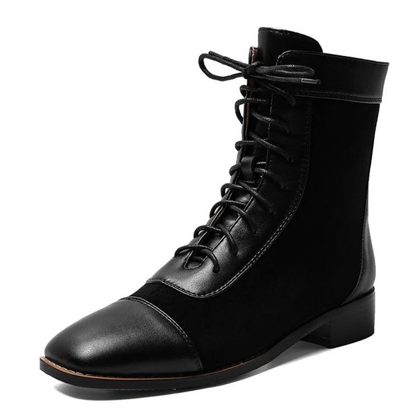 

fashion women square toe ankle boots leather handmade autumn winter boots cross-tied low heels non-slip woman, Black