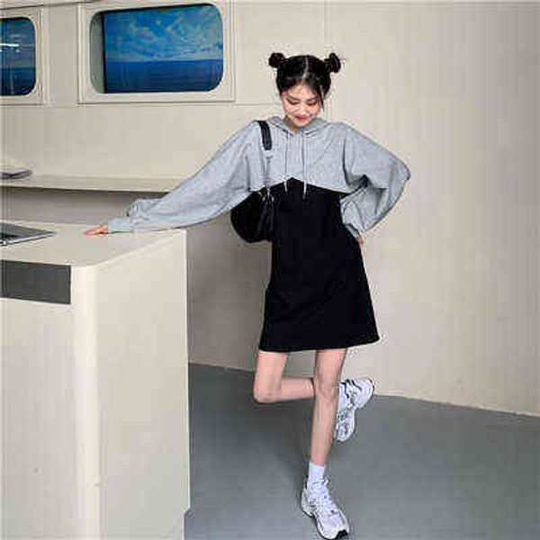 

korean fashion two-piece dress y2k female clothing spaghetti strap mini dress street style plus size harajuku women's clothing y220304, Black;gray