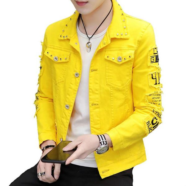 

men's denim jackets fashion male nightclub hip hop rivet denim coats men slim outwear ripped cowboy jean jackets clothing, Black;brown