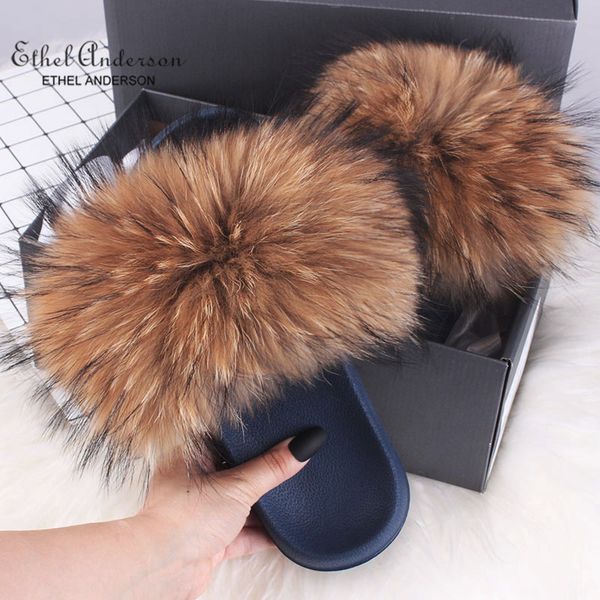 

ethel anderson summer women's fur slippers real fox fur furry slippers plush fox hair fluffy slippers flat sandals x1020, Black