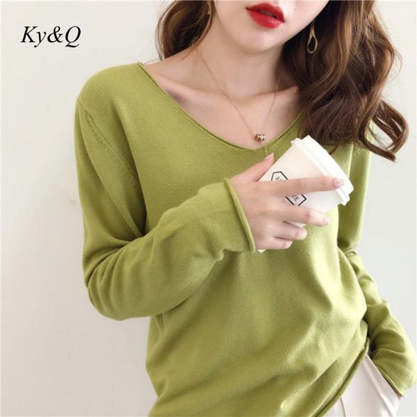 

women's sweaters elegant korean version winter lazy style solid color v-neck pullover 2021 women fashion was thin and soft knit bottomi, White;black