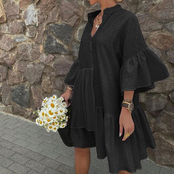 

mesh see through shirt dress autumn three quarter sleeve solid black mini dress loose v neck flare sleeve dresses, Black;gray