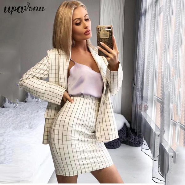 

fashion v-neck women's suit plaid skirt button jacket and slim mini skirt two-piece women's suit 2020 new wholesale1, Gray