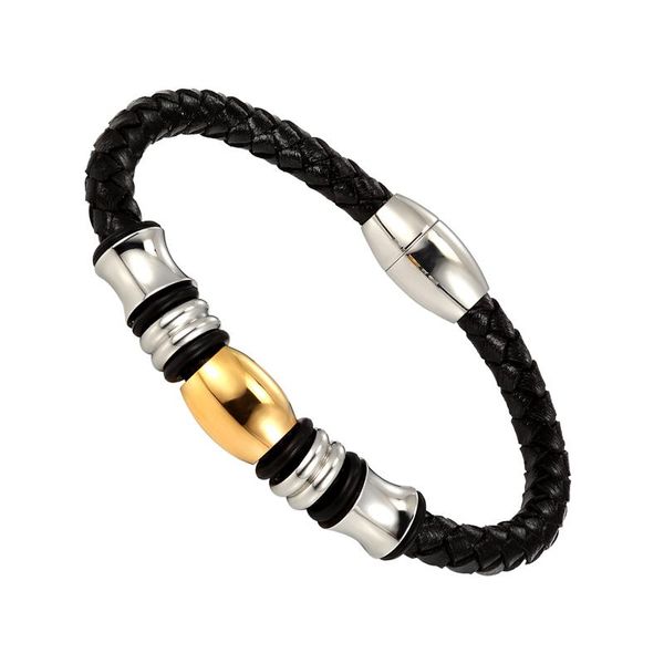 

simple design gold color bead leather bracelet for men and women stainless steel leather jewelry gift wholesale, Golden;silver