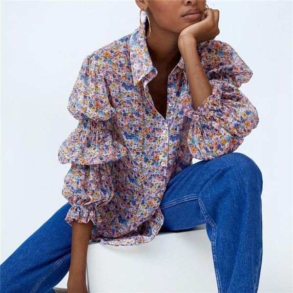 

2020 za floral print shirt women lapel collar elastic smocking long sleeve front button feminine casual summer long shirts, White