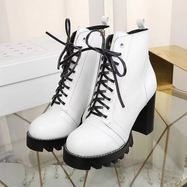 

designer womens boots luxury white patent leather lace-up side zipper round head high heel boots with box size 35-42, Black