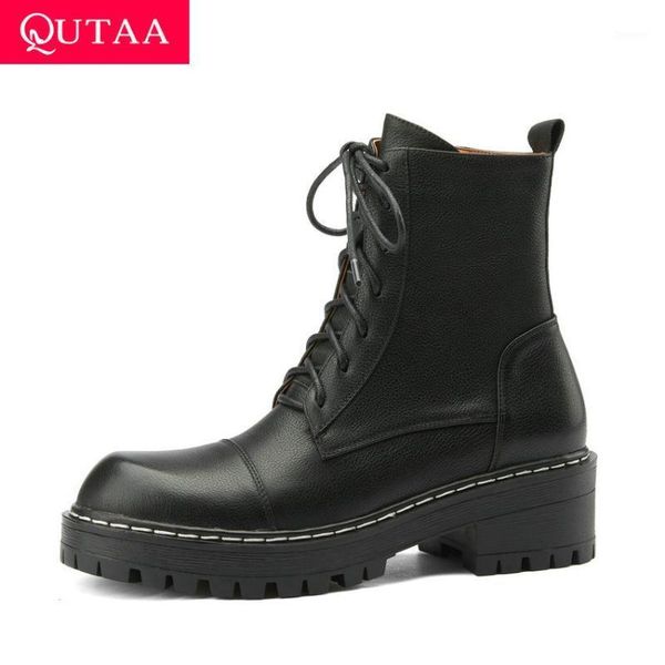 

qutaa 2021 round toe comfort ankle boots quality cow leather sewing women shoes platform lace up zipper short boots size 34-391, Black