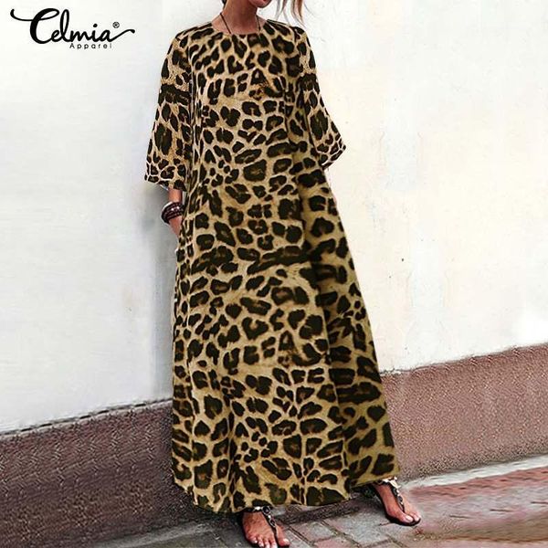 

celmia 2019 fashion women leopard print maxi long dress casual beach party dress loose vintage holiday vestidos plus size s-5xl1, Black;gray