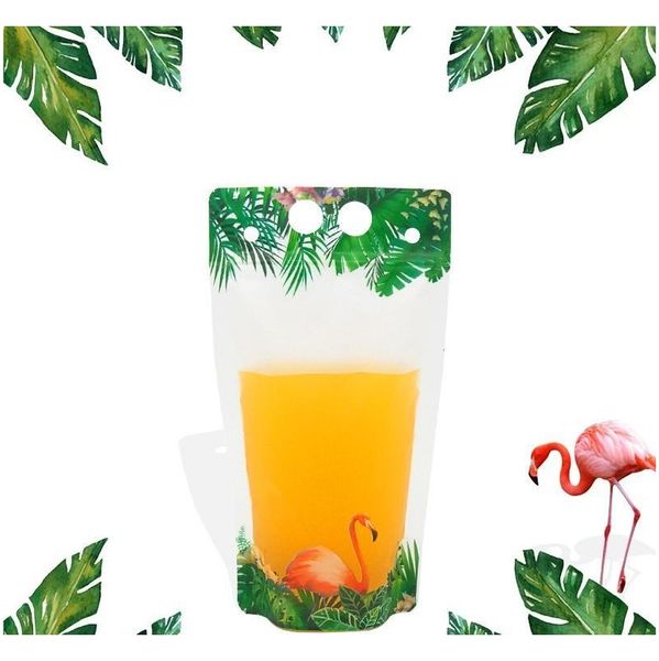 

500ml flamingo fruit pattern plastic drink packaging bag for beverage juice milk coffee, with handle and jllrbh jhhome