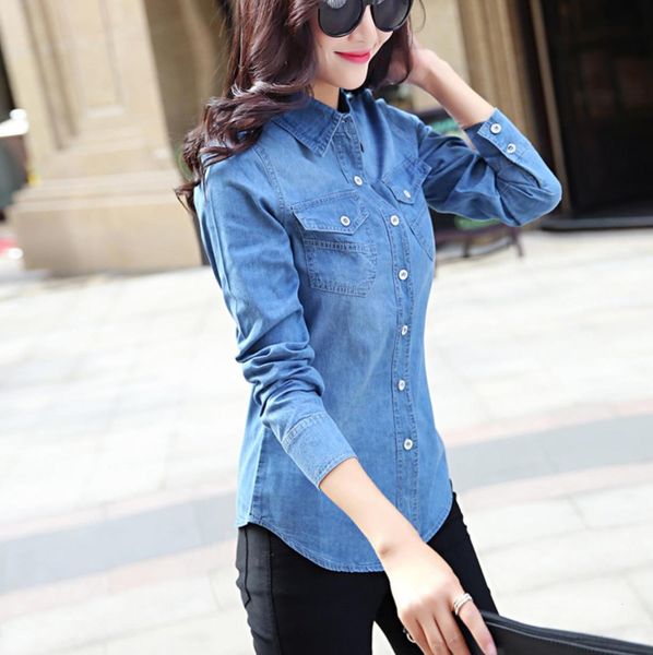 

women cotton denim shirt 2021 solid chemise female spring ladies casual long sleeve blue jeans shirts woman blouses camisa vetements, White