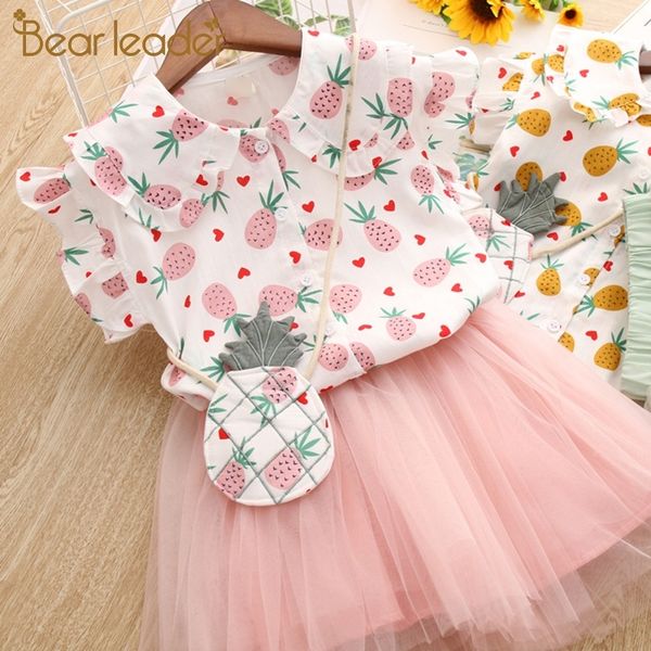 

bear leader girls clothing sets summer cute princess girl shirt + gauze dress 2pcs pineapple girls dress set children clothing y200525, White