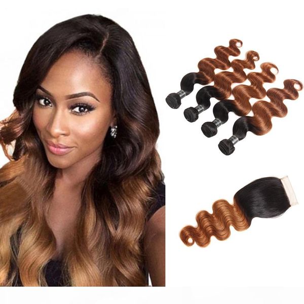 

ombre brazilian virgin hair 3 4 bundles with closure brazilian body wave hair weaves 1b 30 1b 99j human hair wefts with closure, Black;brown