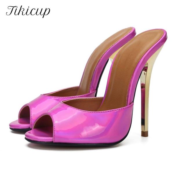 

tikicup womens patent purple stilettos mules open peep toe extremely high heels sandals summer ladies chic party shoes, Black