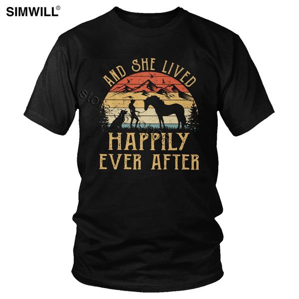 

спорт классическая городская последний тис мужчины хлопок она жила долго и счастливо лошадь собака футболка с коротким рукавом vintage конно