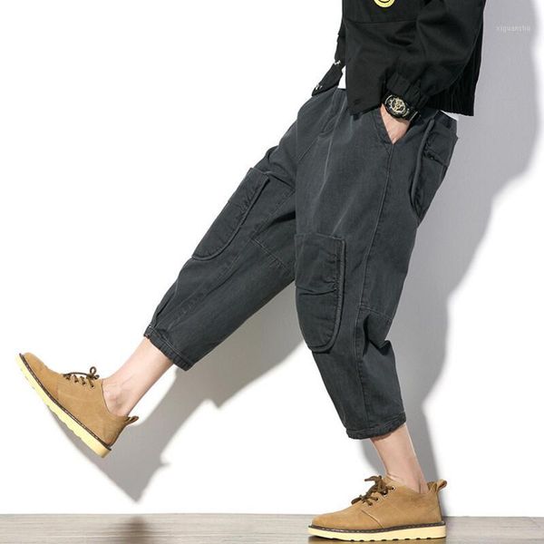

man loose wide leg jeans pockets ankle- length pants1, Blue