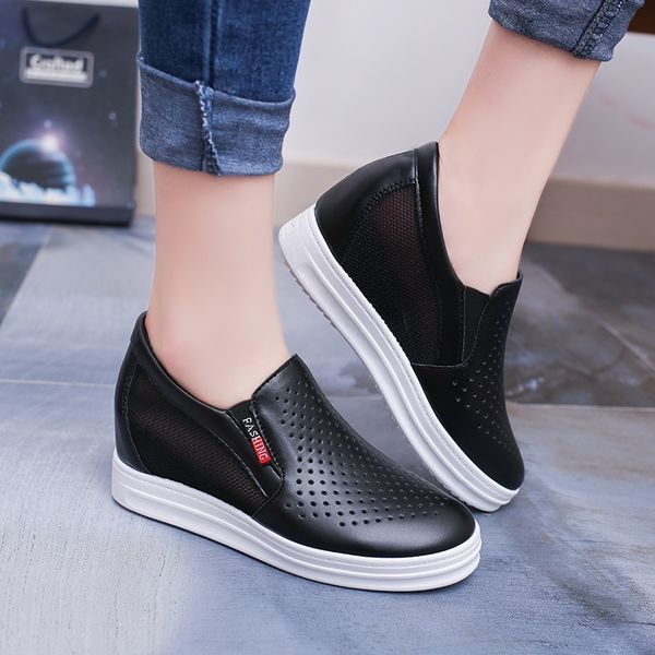 

lucyever new women's casual flats female height increasing breathable cut out leather shoes woman hidden wedges summer sneaker y200424, Black