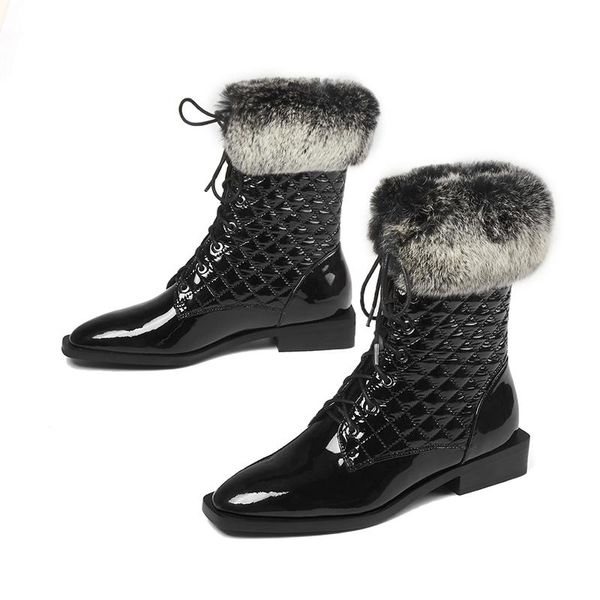 

chaussure femme 2021 new winter snow boots women's shoes cow patent leather fur keep warm female mid-calf boots mujer, Black