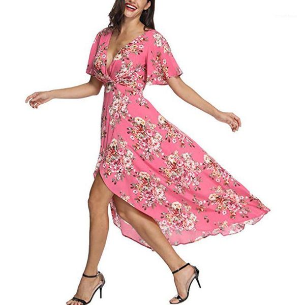 

fashionable new spring 2020 ladies v-neck print dress women maxi dress short sleeve v neck floral flowy front low party1, Black;gray