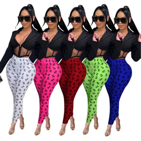 

middle waist elasticity legging spring female new fitness elastic waist casual skinny trousers women money dollar sign pants fashion trend, Black;white