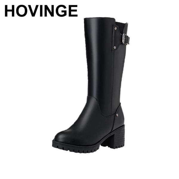 

hovinge female winter boots 2020 new genuine leather female motorcycle boots, big wool boots, high heel booties woman, Black