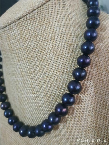 

fine huge 18"10-11mm genuine natural south sea black blue pearls necklace 14k