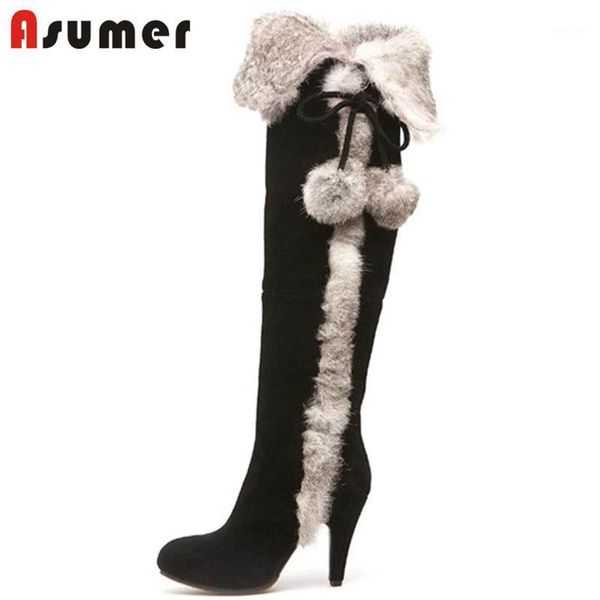 

boots asumer size 34-40 2021 fur winter over the knee women cow suede leather thin high heels thigh female shoes1, Black
