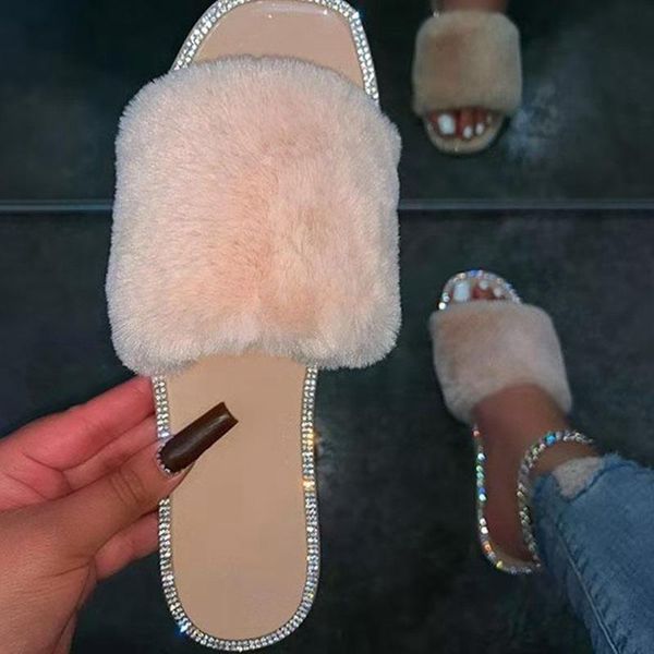 

slippers women slides flat bottom square toe ladies fur plus size bling rhinestone shoes woman leisure furry female flip flops, Black