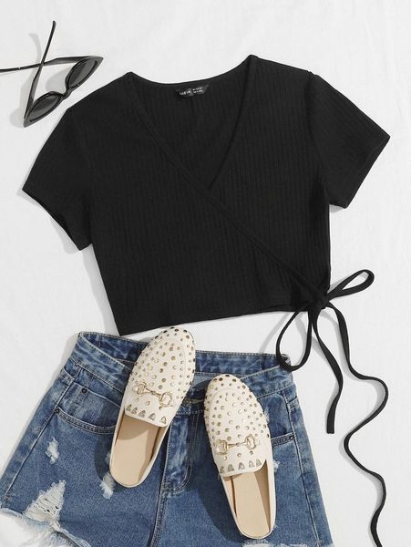 

surplice wrap knit side rib-knit crop 62bl#, White