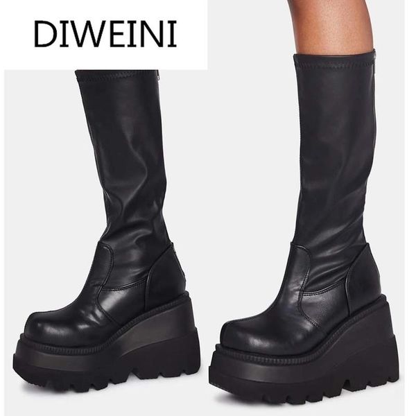

new ladies high platform boots fashion zip high heels boots women 2020 wedges shoes woman casual heels plus size 35-43, Black
