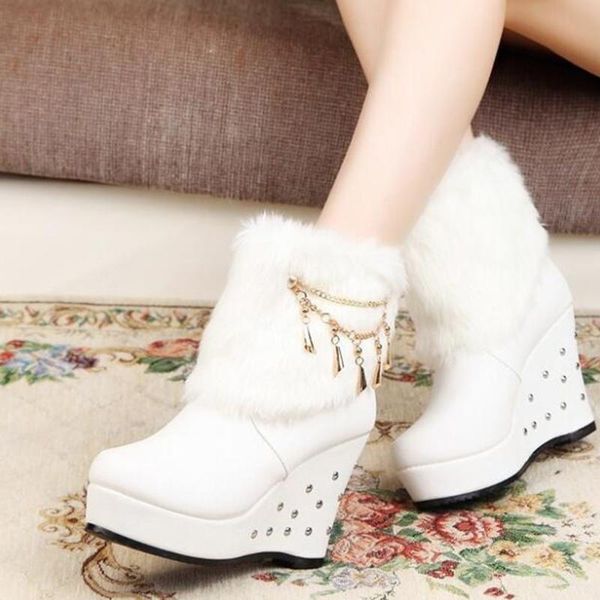 

2020 new ladies wedges boots winter shoes ladies warm fur platform shoes ankle boots white snow shoe for women, Black