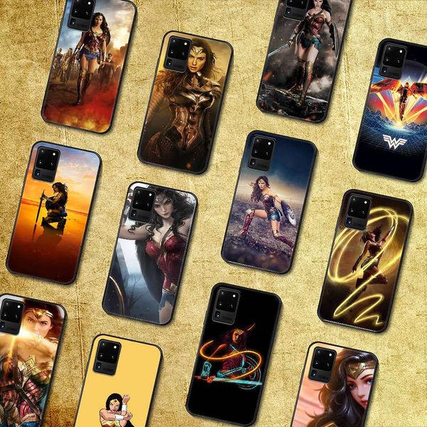 

wonder woman case for samsung galaxy s, 7, 8, 9, 10, e, 20, fe edge, uitra plus, note 9, 10, 20, black, luxury