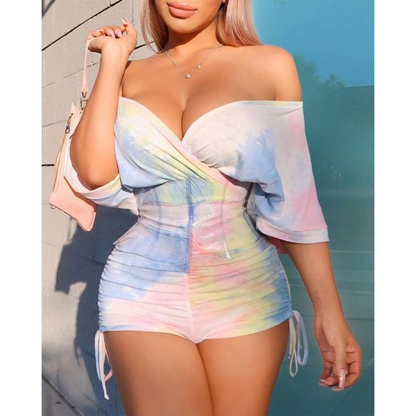 

women's ruffle romper tie-dye lace up playsuit off shoulder deep v neck short overalls loose pleated high waist jumpsuit, Black;white