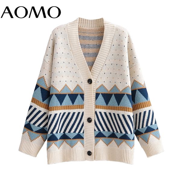 

aomo 2021 autumn winter women geometry knitted cardigan sweater jumper button-up female 1f313a, Black
