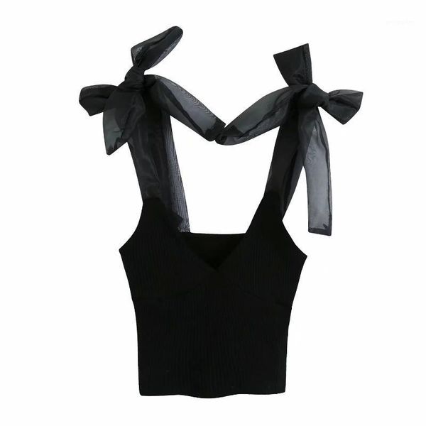 

women's blouses & shirts 2021 fashion with organza bows cropped knitted women vintage v neck straps female blusas chic 1, White