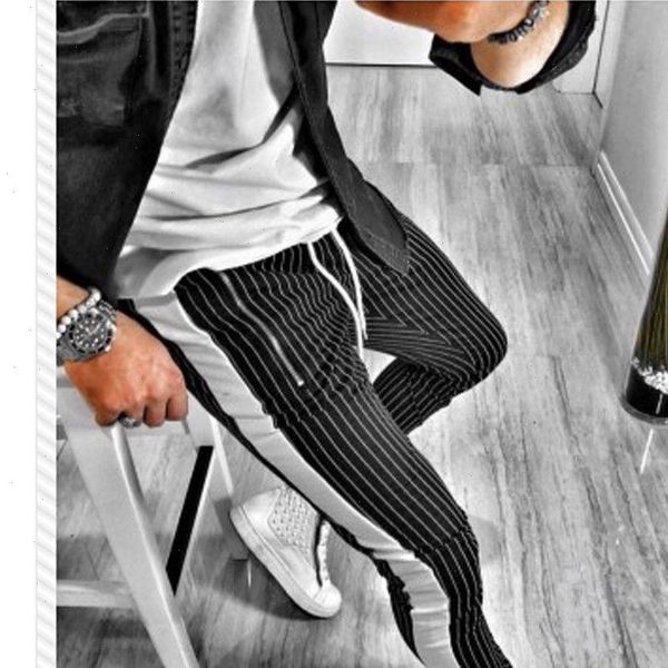 

2019 new fashion men slim fit trousers striped pencil pants tracksuit bottoms male stylish stripe skinny joggers long pants, Black