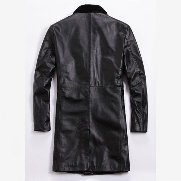 

brand thick genuine leather jacket men winter slim long windbreaker designer fur collar single breasted warm outerwear plus size, Black