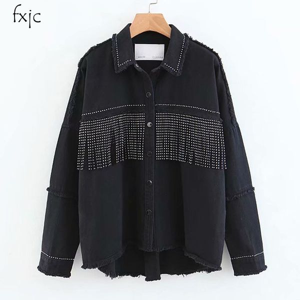 

women's black long sleeve lapel slim fringe decorative jacket 2019 autumn new drilling raw edge casual street coat femalex1016, Black;brown