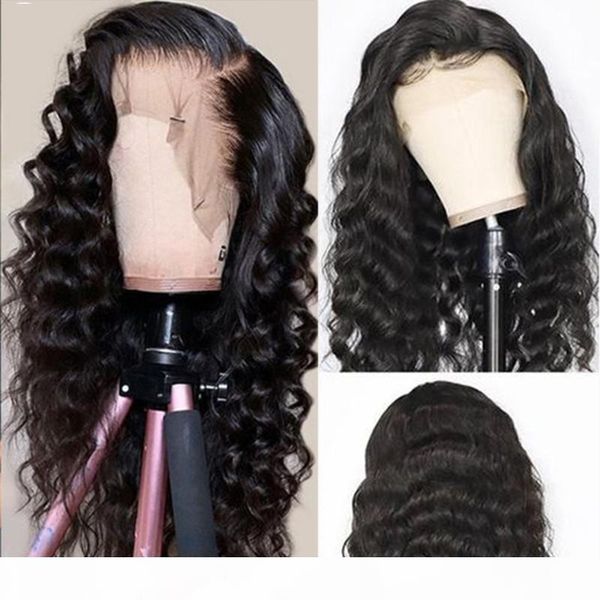 

peruvian 13x6 loose deep wave lace front wig 30 inch human hair 180 density transparent pre plucked loose wave lace front wigs, Black;brown