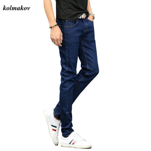 

new arrival style men boutique denim jeans solid straight full length pants fashion leisure small foot trousers1, Blue