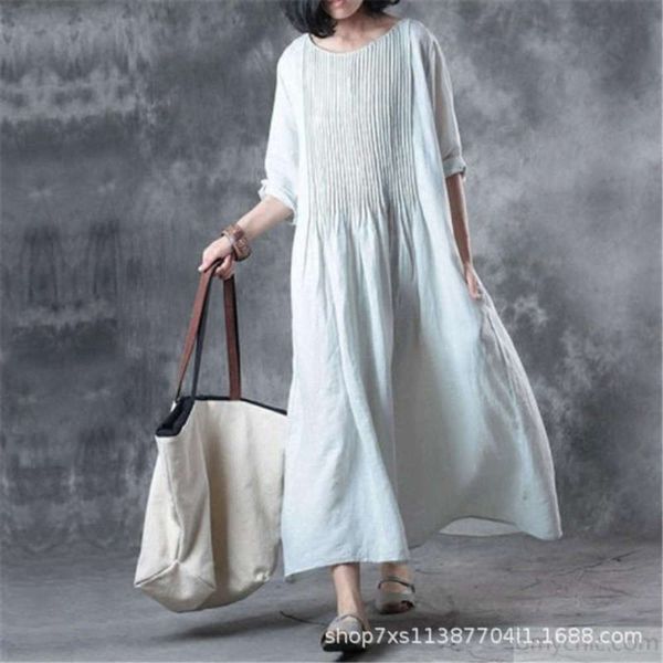 

net summer red 2020 new women's cotton linen wrinkled round neck long dress for women, Black;gray