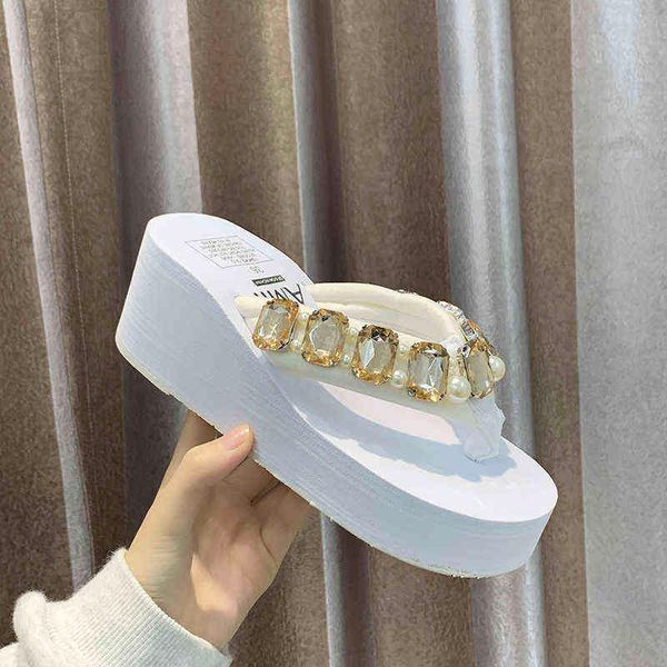 

slippers 6cm high heel women summer crytal korean slope with flip flop platform sandal vacation travel sandal woman shoe220308, Black