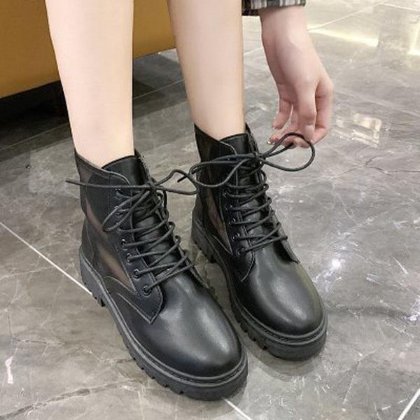 

women's boots fall 2020 net lace-up boots black lace-up square heel ankle lady1