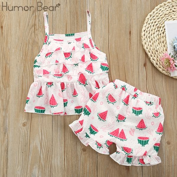 

humor bear girls baby suit summer new fashion sling cartoon watermelon t-shirt+ shorts two-piece suit children's clothes set y200525, White