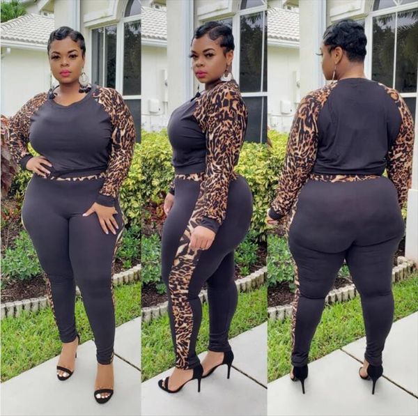

womens plus size two piece outfit leopard round neck long sleeve shirt bodycon pants set clubwear oversize tracksuit, Gray