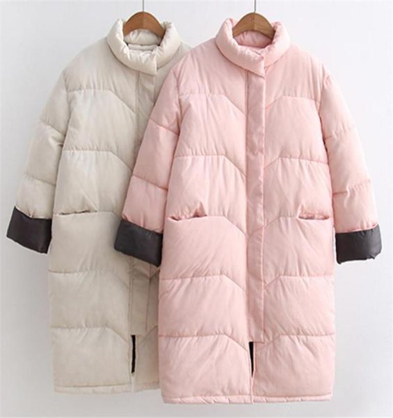 

korean version stand collar plaid double pockets medium length bread cotton coat jackets fashionable and versatile medium long, Black