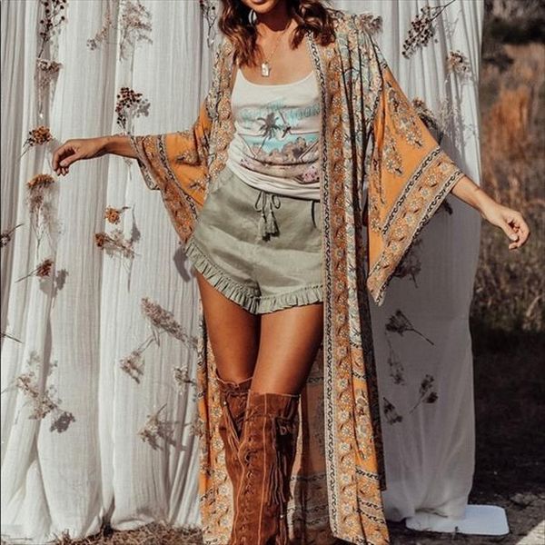 

super chic women floral print kimono bohemian long blouse new rayon ladies v neck batwing sleeves boho maxi tuni beach, White