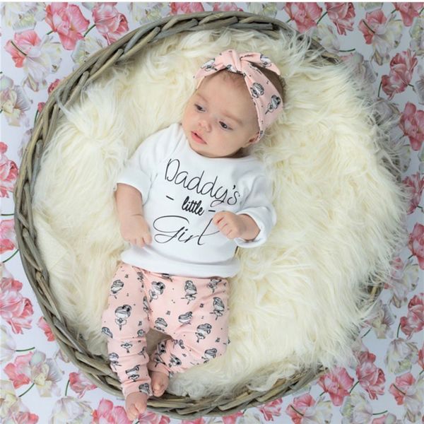 

newborn baby girls clothes 3pcs set long sleeve letters daddy little girl t-shirt +cartoon pants+headband toddler clothing 1021, White