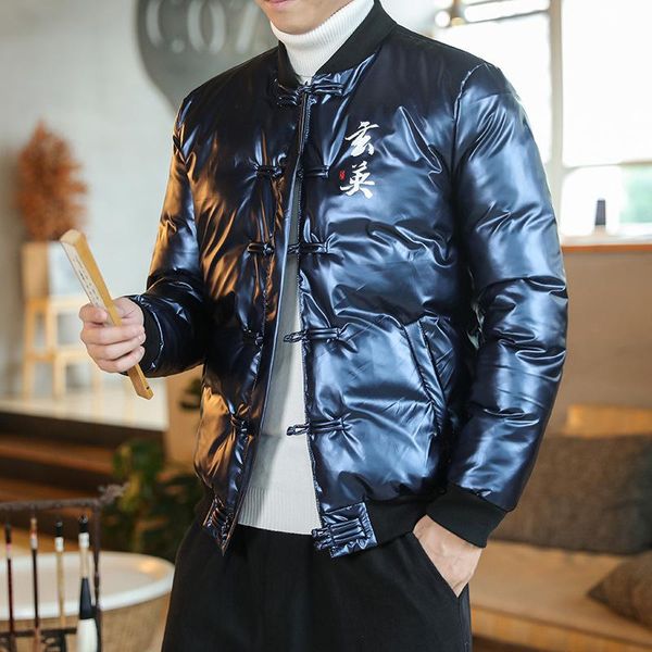 

men's down & parkas 2021 winter chinese style white jacket coat tang suit plate buckle large size national tide embroidery bright casua, Black